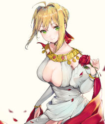 Rule 34 | 1girl, ahoge, bare shoulders, blonde hair, blush, braid, breasts, choker, cleavage, commentary, dress, fate/grand order, fate (series), flower, french braid, gem, gold trim, green eyes, hair between eyes, hair intakes, hair ribbon, highres, holding, holding flower, jewelry, leaning forward, looking at viewer, medium breasts, mouth hold, necklace, nero claudius (fate), nero claudius (fate) (all), nero claudius (fate/extra), nero claudius (formal dress) (fate), official alternate costume, petals, red flower, red rose, ribbon, rose, short hair, simple background, smile, solo, takitou, white background, white dress