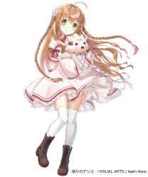 Rule 34 | 1girl, ahoge, animal, blush, blush stickers, boots, braid, brown footwear, brown hair, chibi-moth, closed mouth, commentary request, company name, crossed arms, dress, eyelashes, floating clothes, floating hair, flower, frilled dress, frilled sleeves, frills, full body, green eyes, hair between eyes, hair flower, hair ornament, highres, holding, holding animal, juliet sleeves, kanbe kotori, kanipanda, kazamatsuri institute high school uniform, knees together feet apart, long hair, long sleeves, looking at viewer, pink dress, pink flower, puffy sleeves, rewrite, school uniform, short dress, simple background, smile, solo, standing, tareme, thighhighs, twin braids, very long hair, wavy hair, white background, white thighhighs, wide sleeves, zettai ryouiki