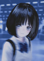 Rule 34 | 1girl, absurdres, backpack, bad id, bad twitter id, bag, black hair, blue bow, blue bowtie, bob cut, bow, bowtie, closed mouth, collared shirt, gishiki (gshk), grey eyes, highres, looking at viewer, motion blur, original, shirt, smile, solo, white shirt, wing collar