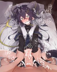 Rule 34 | 2boys, anal, azuma shino, black hair, blush, braid, censored, clenched teeth, commission, cum, cum in ass, demon boy, ejaculating while penetrated, ejaculation, green nails, grey hair, hair between eyes, hair ribbon, handsfree ejaculation, highres, horns, long sleeves, lying, male focus, male penetrated, multicolored hair, multiple boys, nail polish, on back, original, pixiv commission, pointy ears, ribbon, sex, side braid, single thighhigh, spread legs, sunny (azuma shino), sweat, tail, teeth, thighhighs, trap, yaoi, yellow ribbon