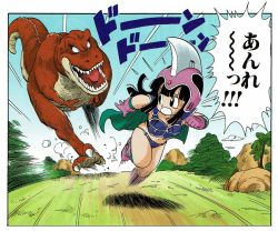 Rule 34 | 1girl, :d, animal, armor, bare legs, bikini, bikini armor, black eyes, black hair, blue sky, blunt bangs, boots, border, breasts, cape, chi-chi (dragon ball), child, cleavage, clenched hand, cloud, cloudy sky, day, dinosaur, dragon ball, dragon ball (classic), dust, dust cloud, eyelashes, flying sweatdrops, full body, gloves, grass, green cape, hand up, helmet, highres, hime cut, jumping, long hair, looking back, motion blur, motion lines, nature, navel, nervous, official art, open mouth, outdoors, outside border, palm tree, pink footwear, pink gloves, rock, running, scared, shadow, sharp teeth, sidelocks, sky, small breasts, smile, solo, sound effects, speech bubble, speed lines, stomach, straight hair, sweatdrop, swimsuit, teeth, toriyama akira, translation request, tree, tyrannosaurus rex, white border