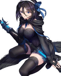 Rule 34 | 1girl, between breasts, black cape, black dress, black hair, blue eyes, bob cut, bow, breasts, cape, cleavage, din (flypaper), dress, fingerless gloves, gauntlets, gloves, hair between eyes, hair bow, hairband, highres, holding, holding weapon, kneeling, large breasts, long sleeves, looking at viewer, mother (pso2), multicolored hair, on one knee, parted lips, phantasy star, phantasy star online 2, pleated dress, purple hair, short hair, short hair with long locks, single fingerless glove, single gauntlet, skindentation, solo, staff, thighhighs, weapon