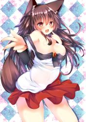 Rule 34 | 1girl, animal ears, breasts, brooch, brown hair, cleavage, commentary request, dress, foreshortening, highres, imaizumi kagerou, jewelry, looking at viewer, mutou mame, off-shoulder dress, off shoulder, open mouth, pointing, pointing at viewer, solo, tail, touhou, wolf ears, wolf tail