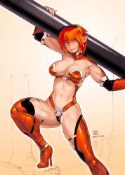 Rule 34 | 00s, 1girl, 2007, abs, armpits, arms up, boots, breasts, dated, female focus, gender request, genderswap, gokuu (secret journey), grin, high heel boots, high heels, journey to the west, large breasts, leg lift, muscular, navel, orange hair, po-ju, pointy ears, ruyi jingu bang, secret journey, shoes, short hair, signature, slit pupils, smile, solo, standing, sun wukong, thigh boots, thighhighs, thighs, toned, yellow eyes