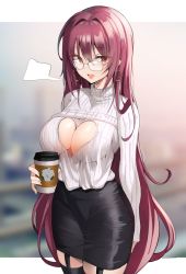 Rule 34 | 1girl, :d, arm behind back, bespectacled, black skirt, black thighhighs, blush, breasts, cleavage, cleavage cutout, clothing cutout, commentary, cowboy shot, cup, disposable cup, earrings, fate/grand order, fate (series), garter straps, glasses, hair between eyes, heart cutout, highres, holding, holding cup, jewelry, k pring, large breasts, long hair, long sleeves, looking at viewer, no bra, open mouth, panties under skirt, pencil skirt, purple eyes, purple hair, scathach (fate), shirt, sidelocks, skirt, smile, solo, thighhighs, white background, white shirt, zettai ryouiki