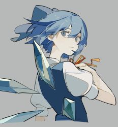 Rule 34 | blue bow, blue eyes, blue hair, blue vest, blush, bow, cirno, closed mouth, commentary, cropped torso, detached wings, floating hair, grey background, hair between eyes, hair bow, hand on own chest, hand up, ice, ice wings, jusbithxu7, looking at viewer, looking back, neck ribbon, puffy short sleeves, puffy sleeves, red ribbon, ribbon, shirt, short hair, short sleeves, simple background, smile, touhou, upper body, vest, white shirt, wings