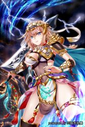 Rule 34 | 1girl, armor, bad id, bad pixiv id, bare tree, blue cape, blue eyes, breasts, cape, character request, cleavage, earrings, fire, hair between eyes, hakuda tofu, headpiece, highres, holding, holding sword, holding weapon, huge weapon, jewelry, large breasts, light brown hair, lightning, long hair, looking at viewer, night, night sky, official art, outdoors, parted lips, pauldrons, sangokushi ranbu, shoulder armor, sky, solo, standing, sweat, sword, thighs, thunder, tree, v-shaped eyebrows, vambraces, weapon