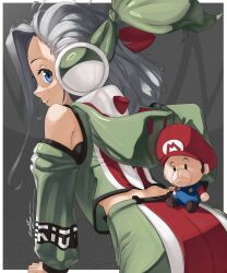 Rule 34 | 1girl, absurdres, ahoge, baby mario, blue eyes, bow, detached sleeves, eriott, eyelashes, fingerless gloves, from behind, gloves, grey hair, hair bow, hair pulled back, headset, highres, hood, hood down, jacket, long sleeves, looking at viewer, looking back, mario, mario (series), nintendo, parted lips, personification, profile, shiny clothes, short hair, shorts, smile, solo, stuffed toy, super mario world 2: yoshi&#039;s island, yoshi