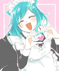 Rule 34 | 1girl, alternate costume, apron, black dress, blue hair, blue nails, blush, closed eyes, commentary request, dress, enmaided, facing another, facing viewer, fang, frilled apron, frills, gathers, hair horns, hands up, heart, heart hands, letter hair ornament, long hair, long sleeves, maid, maid headdress, open mouth, outline, pink background, polka dot, polka dot background, rain (zakuzaku actors), raised eyebrows, sasamaru chimaki, sleeve cuffs, smile, solo, white apron, white outline, zakuzaku actors