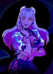 Rule 34 | absurdres, aloiciaclee, claws, cropped jacket, dark, demon girl, double bun, earrings, evelynn (league of legends), eyelashes, highres, jewelry, league of legends, long hair, looking at viewer, makeup, open clothes, pleated skirt, purple eyes, revealing clothes, skirt, solo, yellow eyes