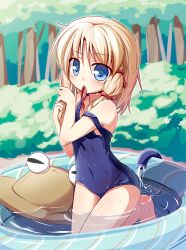 Rule 34 | 1girl, adjusting hair, baku-p, blonde hair, blue eyes, covered navel, forest, hair ribbon, hat, unworn hat, unworn headwear, hose, looking at viewer, moriya suwako, mouth hold, nature, off shoulder, one-piece swimsuit, ribbon, ribbon in mouth, school swimsuit, solo, strap slip, swimsuit, touhou, tying hair, wading pool, water, wet, wet clothes