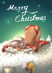 Rule 34 | 1girl, ;), altera (fate), altera the santa (fate), arm support, ass, back, bare back, bare shoulders, blunt bangs, blush, boots, butt crack, closed mouth, dark-skinned female, dark skin, detached sleeves, earmuffs, f.w.zholic, fate/grand order, fate (series), fluffy, full body, gradient background, green background, highres, knee boots, long sleeves, merry christmas, mittens, one eye closed, red eyes, red footwear, sheep, signature, smile, sparkle, sweatdrop, tattoo, thighs, top-down bottom-up, veil, white hair, white mittens