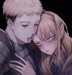 Rule 34 | 1boy, 1girl, armor, bags under eyes, black background, blonde hair, blood, blood on face, blue capelet, blush, capelet, choker, closed eyes, dungeon meshi, elf, green eyes, half-closed eyes, hand on another&#039;s chest, highres, jileongi9843, laios touden, leaning on person, long hair, marcille donato, nosebleed, open mouth, pointy ears, ponytail, short hair, simple background, tearing up, undercut, upper body