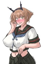 Rule 34 | 1girl, black sailor collar, black skirt, blue neckerchief, blush, breasts, brown hair, clothes lift, commentary request, cosplay, cowboy shot, dated, fubuki (kancolle), fubuki (kancolle) (cosplay), green eyes, hairband, headgear, highres, kantai collection, large breasts, lifting own clothes, looking at viewer, mutsu (kancolle), neckerchief, nose blush, one-hour drawing challenge, pleated skirt, radio antenna, sailor collar, short hair, simple background, skirt, skirt lift, smile, solo, sozan, twitter username, white background