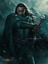 Rule 34 | 1boy, belt, black eyes, black hair, cloak, copyright name, european clothes, green cloak, hodur (valhalla lost), holding, holding sword, holding weapon, long hair, looking at viewer, outdoors, signature, solo, sword, valhalla lost, watermark, weapon, yinyuming