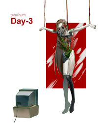 Rule 34 | 1girl, absurdres, android, black thighhighs, box, brown hair, cable, cardboard box, crt, damaged, empty eyes, english text, fern (bhbtr), flower, grass, groin, hair flower, hair ornament, highres, joints, korean commentary, long hair, mechanical parts, moss, no shoes, nude, original, outstretched arms, over-kneehighs, purple flower, red flower, restrained, robot joints, spread arms, standing, straight hair, television, terrarium, thighhighs, very long hair, white background