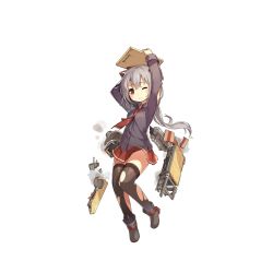 Rule 34 | 1girl, arms up, black thighhighs, blush, broken, buttons, cutting board, damaged, female focus, flight deck, full body, grey hair, grey shirt, hair ornament, holding, lino-lin, looking at viewer, low ponytail, machinery, necktie, official art, one eye closed, pleated skirt, red eyes, red necktie, red skirt, rudder footwear, ryuujou (warship girls r), shirt, skirt, smoke, solo, thighhighs, torn clothes, transparent background, warship girls r, worried