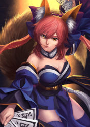 Rule 34 | 1girl, animal ear fluff, animal ears, bare shoulders, blue bow, blue kimono, blue thighhighs, bow, breasts, cleavage, closed mouth, commentary, detached collar, detached sleeves, english commentary, eyebrows hidden by hair, eyelashes, fate/extra, fate/grand order, fate (series), fingernails, fox ears, fox girl, fox tail, hair between eyes, hair bow, highres, holding, holding paper, japanese clothes, kimono, large breasts, lips, long hair, long sleeves, looking at another, looking at viewer, obi, okita, paper, pelvic curtain, pink hair, realistic, sash, signature, smile, solo, split ponytail, tail, talisman, tamamo (fate), tamamo no mae (fate/extra), thighhighs, wide sleeves, yellow eyes, zettai ryouiki