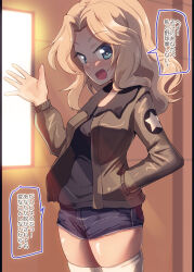 Rule 34 | 1girl, black shirt, blonde hair, blue eyes, blue shorts, blush, breasts, girls und panzer, hand in pocket, highres, indoors, jacket, jinguu (4839ms), kay (girls und panzer), large breasts, long hair, looking at viewer, military uniform, open mouth, saunders military uniform, shirt, short shorts, shorts, smile, solo, thighhighs, white thighhighs