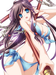 Rule 34 | 1girl, bikini, black hair, blue bikini, blue eyes, breasts, chain, cleavage, d:, front-tie top, highres, large breasts, long hair, looking at viewer, monety, open mouth, original, side-tie bikini bottom, solo, swimsuit, three section staff, weapon