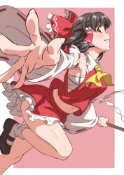 Rule 34 | armpits, ascot, bare shoulders, black hair, blush, bow, cowboy shot, detached sleeves, gyouza (mhea5724), hair bow, hakurei reimu, hand up, highres, holding, holding stick, looking at viewer, medium hair, miniskirt, nontraditional miko, red eyes, running, skirt, stick, teeth, touhou, wide sleeves, yellow ascot