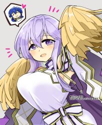 Rule 34 | 1boy, 1girl, blue hair, breasts, cheerleader, commentary request, dress, fire emblem, fire emblem: genealogy of the holy war, julia (fire emblem), large breasts, long hair, nintendo, open mouth, pom pom (cheerleading), purple eyes, purple hair, seliph (fire emblem), simple background, yukia (firstaid0)