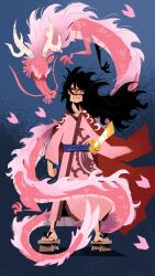 Rule 34 | 1boy, alternate form, black eyes, black hair, closed mouth, commentary, dragon, dragon boy, dragon horns, dual persona, english commentary, falling petals, full body, highres, holding, holding sword, holding weapon, horns, japanese clothes, katana, kimono, kouzuki momonosuke, long hair, looking at viewer, male focus, no lineart, one piece, petals, pink kimono, revujo, rose petals, solo, standing, sword, traditional clothes, v-shaped eyebrows, weapon