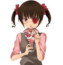 Rule 34 | 1girl, blouse, brown eyes, brown hair, eating, eyepatch, food, fruit, hair bobbles, hair ornament, holding, holding spoon, lowres, naname (danbooru maker), original, parfait, pink shirt, shirt, short hair, short twintails, solo, spoon, strawberry, twintails