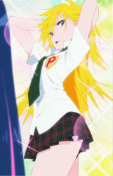 Rule 34 | 1girl, arms behind head, arms up, blonde hair, blue eyes, breasts, cosplay, artistic error, female focus, gradient background, highres, looking at viewer, makinami mari illustrious (cosplay), miniskirt, necktie, open mouth, panty &amp; stocking with garterbelt, panty (psg), plaid, plaid skirt, pleated skirt, school uniform, screencap, skirt, small breasts, solo, stitched, third-party edit