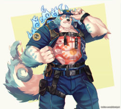 Rule 34 | 1boy, abs, adjusting clothes, adjusting headwear, animal ears, bara, bare pectorals, belt, black belt, blue fire, blue fur, blue pants, chest harness, chest tattoo, commentary request, fangs, feet out of frame, fire, furry, furry male, halo, halo behind head, harness, hat, highres, jacket, large pectorals, large tail, looking at viewer, making-of available, male focus, midriff, muscular, muscular male, nipples, oguchi magami, open clothes, open jacket, pants, pectorals, police, police hat, police uniform, policeman, smile, solo, stomach, tail, tattoo, tokyo houkago summoners, uniform, white fur, wolf boy, wolf ears, yed (yedsilent)