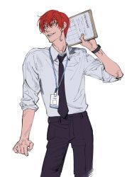 Rule 34 | 1boy, black necktie, black pants, clipboard, cowboy shot, highres, hisoka morow, hong 3740, hunter x hunter, looking to the side, male focus, name tag, necktie, pants, red hair, short hair, simple background, sleeves rolled up, solo, watch, white background, wristwatch, yellow eyes