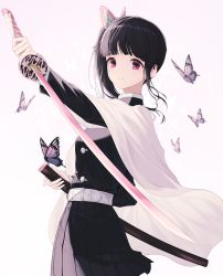 Rule 34 | 1girl, black hair, bug, butterfly, butterfly hair ornament, buttons, cowboy shot, expressionless, hair ornament, highres, bug, kimetsu no yaiba, looking at viewer, pink eyes, planted, pleated skirt, sheath, side ponytail, skirt, solo, sword, tsuyuri kanao, uniform, unsheathed, weapon, white background, yuyo (i iuyo)
