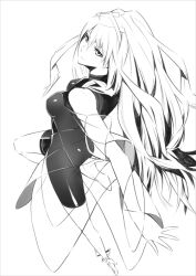 Rule 34 | 1girl, ass, bare shoulders, breasts, cendrillon (toaru majutsu no index), closed mouth, commentary request, dress, full body, gajuumaru, greyscale, hair between eyes, high heels, light smile, long hair, looking at viewer, medium breasts, monochrome, perspective, see-through, see-through dress, shiny clothes, simple background, solo, toaru majutsu no index, toaru majutsu no index: new testament, very long hair, white background