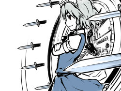 Rule 34 | 1girl, bad id, bad pixiv id, blue theme, braid, clock, crossed arms, female focus, grey hair, izayoi sakuya, knife, lie-lilac, maid, maid headdress, monochrome, partially colored, profile, red eyes, short hair, smile, solo, throwing knife, touhou, twin braids, weapon, white background