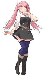 Rule 34 | 1girl, belt, black dress, black footwear, boots, brown belt, dress, fire emblem, fire emblem: three houses, from below, full body, hilda valentine goneril, long hair, looking at viewer, matching hair/eyes, multicolored clothes, multicolored dress, nintendo, pink eyes, pink hair, purple thighhighs, shiseki hirame, short dress, sidelocks, simple background, skirt, smile, solo, split mouth, thighhighs, twintails, white background, white dress, zettai ryouiki