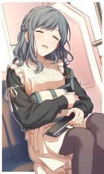 Rule 34 | 1girl, aran sweater, black shirt, cable knit, cellphone, closed eyes, commission, drooling, grey hair, grey pantyhose, holding, holding phone, medium hair, mouth drool, open mouth, original, pantyhose, phone, sekina, shirt, skeb commission, sleeping, sleeping upright, smartphone, solo, sweater