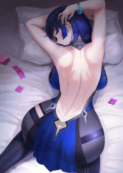 Rule 34 | 1girl, arms up, ass, back, backboob, backless outfit, bed sheet, black pantyhose, blue hair, bracelet, braid, breasts, cameltoe, closed mouth, condom, condom packet strip, condom wrapper, dimples of venus, ear piercing, feet out of frame, from above, from behind, genshin impact, gino (gino h), green eyes, highres, jewelry, large breasts, looking at viewer, looking back, looking up, on bed, pantyhose, piercing, pillow, see-through, short hair, shoulder blades, smile, solo, top-down bottom-up, yelan (genshin impact)