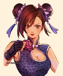Rule 34 | 1girl, animal print, asymmetrical bangs, breasts, brown hair, china dress, chinese clothes, cleavage, cleavage cutout, clenched hand, clothing cutout, double bun, dress, fighting stance, final fantasy, final fantasy vii, final fantasy vii remake, fingerless gloves, gloves, hair between eyes, hair bun, hair ornament, high collar, large breasts, leopard print, looking at viewer, materia, medium breasts, official alternate costume, pink ribbon, red eyes, ribbon, sleeveless, sleeveless dress, solo, square enix, tassel, tassel hair ornament, thar chandran, tifa lockhart, tifa lockhart (sporty dress), upper body, wall market