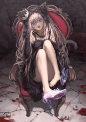 Rule 34 | 1girl, :o, bare legs, bare shoulders, black dress, blood, blue eyes, chair, collarbone, commentary request, crack, cracked floor, crown, cuffs, dress, food, fork, frilled dress, frills, guro, hair between eyes, hand saw, highres, holding, holding food, knees up, lace-trimmed sleeves, lace trim, light brown hair, long hair, looking at viewer, open mouth, osobachan, saw, shackles, shoes, sidelocks, sitting, solo, sparkling eyes, tears, torture instruments, unworn shoes