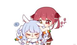 Rule 34 | 0725akaba, 2girls, absurdres, anger vein, animal ear fluff, animal ears, bare shoulders, biting, blue hair, bow, braid, brown eyes, brown leotard, brown thighhighs, carrot hair ornament, chibi, closed eyes, commentary request, dress, ear biting, food-themed hair ornament, hair bow, hair ornament, hair ribbon, heterochromia, highres, hololive, houshou marine, leotard, leotard under clothes, multicolored hair, multiple girls, parted lips, pleated skirt, rabbit ears, red eyes, red hair, red ribbon, red shirt, red skirt, ribbon, shirt, short eyebrows, signature, simple background, skirt, sleeveless, sleeveless shirt, spoken anger vein, standing, thick eyebrows, thighhighs, trembling, twin braids, twintails, two-tone hair, usada pekora, usada pekora (1st costume), v-shaped eyebrows, virtual youtuber, white background, white bow, white dress, white hair