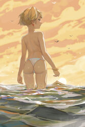 Rule 34 | 1girl, ass, back, bikini, bikini bottom only, bird, blonde hair, bracelet, check copyright, copyright request, earrings, flock, from behind, grey eyes, heart, heart earrings, jewelry, looking to the side, original, short hair, short twintails, sky, solo, sunset, swimsuit, topless, twilight, twintails, wading, water, white bikini, yugen99