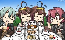 Rule 34 | 3girls, :d, afterimage, ahoge, blue hair, blue sky, brown hair, cake, colombia pose, commentary request, cup, dated, day, dessert, eating, closed eyes, food, gloves, hamu koutarou, headgear, highres, kantai collection, kinu (kancolle), kongou (kancolle), long hair, multiple girls, neck ribbon, open mouth, pastry, red eyes, red hair, remodel (kantai collection), ribbon, sailor collar, serving, short hair, sky, smile, suzuya (kancolle), sweat, table, tea, teacup, tiered tray
