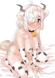 Rule 34 | 1girl, absurdres, alternate costume, animal print, bare shoulders, bell, bikini, blush, brown eyes, cow print, cow print bikini, elbow gloves, extra ears, fingerless gloves, gloves, hair over one eye, highres, kemono friends, kumasyan1998, long hair, looking at viewer, neck bell, no shoes, ox ears, ox girl, ox horns, ox tail, print bikini, print gloves, print thighhighs, sidelocks, sitting, solo, swimsuit, thighhighs, twintails, wariza, white hair, yak (kemono friends)