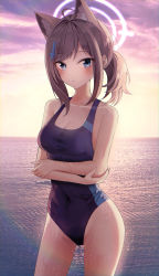 Rule 34 | 1girl, absurdres, ahoge, animal ear fluff, animal ears, bad id, bad pixiv id, bare arms, blue archive, blue eyes, blue one-piece swimsuit, blush, breasts, brown hair, cat ears, cleavage, closed mouth, collarbone, competition swimsuit, covered navel, cowboy shot, cross hair ornament, crossed arms, day, frown, hair ornament, highres, kapo, long hair, looking at viewer, medium breasts, ocean, one-piece swimsuit, outdoors, ponytail, shiroko (blue archive), shiroko (swimsuit) (blue archive), sidelocks, solo, standing, swimsuit