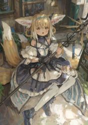 Rule 34 | 1girl, :o, absurdres, animal ears, arknights, bare shoulders, black footwear, black gloves, blonde hair, blue dress, blush, braid, building, cat, dress, earpiece, fox ears, fox tail, gloves, green eyes, highres, holding, holding staff, infection monitor (arknights), kitsune, looking at viewer, material growth, multicolored hair, multiple tails, open mouth, oripathy lesion (arknights), pantyhose, shion (mirudakemann), short hair, sign, single glove, sitting, solo, staff, streaked hair, suzuran (arknights), tail, white hair, white pantyhose