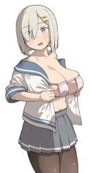 Rule 34 | 1girl, aqua eyes, areola slip, bikini, black pantyhose, blue sailor collar, blush, breasts, eyepatch bikini, geso smith, grey hair, hair ornament, hair over one eye, hairclip, hamakaze (kancolle), highres, kantai collection, large breasts, looking at viewer, open clothes, open mouth, open shirt, pantyhose, pleated skirt, sagging breasts, sailor collar, school uniform, serafuku, short hair, simple background, skirt, solo, sweat, swimsuit, white background, white bikini