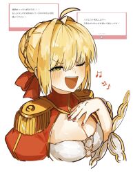 1girl ahoge blonde_hair blush braid breasts cleavage cleavage_cutout clothing_cutout dress epaulettes fate/extra fate_(series) gold_trim green_eyes hair_bun hair_intakes hair_ribbon highres juliet_sleeves large_breasts long_hair long_sleeves looking_at_viewer nero_claudius_(fate) nero_claudius_(fate/extra) nyokinyoki_18 one_eye_closed open_mouth puffy_sleeves red_dress red_ribbon ribbon smile solo