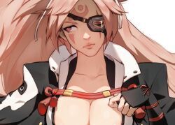 Rule 34 | 1girl, baiken, big hair, black jacket, black kimono, breasts, cleavage, dide6an, eyepatch, facial tattoo, guilty gear, guilty gear strive, jacket, jacket on shoulders, japanese clothes, kataginu, kimono, large breasts, long hair, looking to the side, multicolored clothes, multicolored kimono, one-eyed, open clothes, open kimono, pink hair, red eyes, samurai, scar, scar across eye, solo, tattoo, white kimono