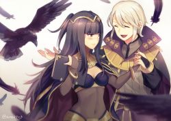Rule 34 | 1boy, 1girl, ^ ^, ane-suisei, bird, black feathers, black hair, black nails, black sleeves, blunt bangs, blush, bodysuit, bracelet, breasts, bridal gauntlets, cleavage, closed eyes, closed mouth, couple, covered navel, detached sleeves, feathers, fire emblem, fire emblem awakening, floating hair, henry (fire emblem), hetero, highres, holding, holding hands, jewelry, long hair, long sleeves, medium breasts, nail polish, nintendo, short hair, silver hair, tharja (fire emblem), turtleneck, two side up, very long hair, white background, wizard
