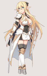 Rule 34 | 1girl, armor, armored dress, black bow, black skirt, black thighhighs, blonde hair, blush, boots, bow, breasts, character request, cleavage, commentary request, copyright request, detached sleeves, elf, gauntlets, green eyes, grey background, hair between eyes, hair bow, holding, holding shield, holding sword, holding weapon, large breasts, long hair, navel, pointy ears, ponytail, shield, shiseki hirame, sidelocks, simple background, skirt, sleeveless, solo, sword, thighhighs, weapon